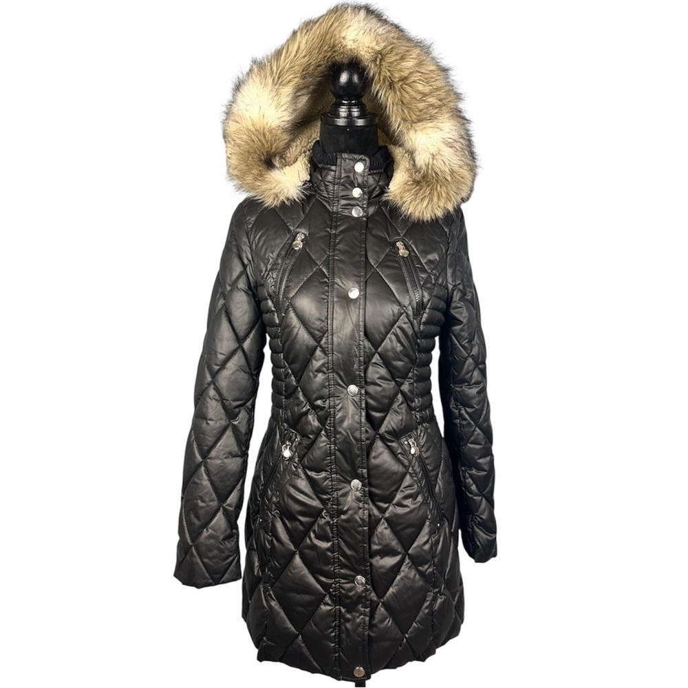 Laundry by Design Womens Small Black Quilted Puffer Jacket with Faux Fur Hood